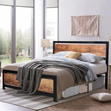 Bed Frame with Industrial Wooden Headboard and Footboard Strong Metal Support Frame