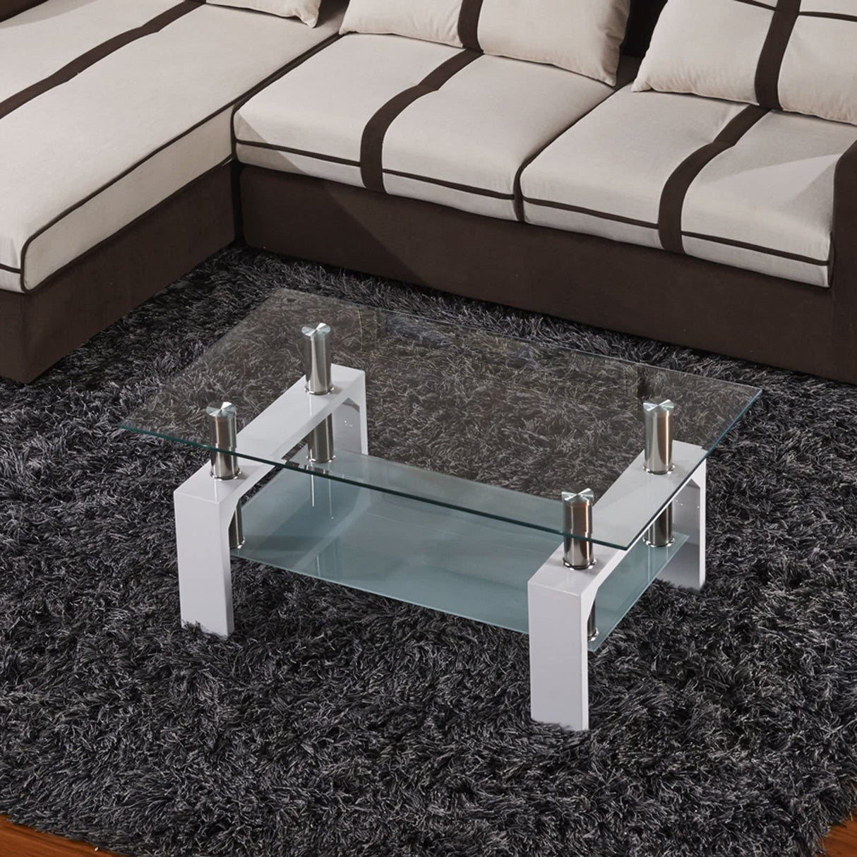 Rectangle Glass Coffee Table-White Modern Side Coffee Table with Lower Shelf Metal Legs