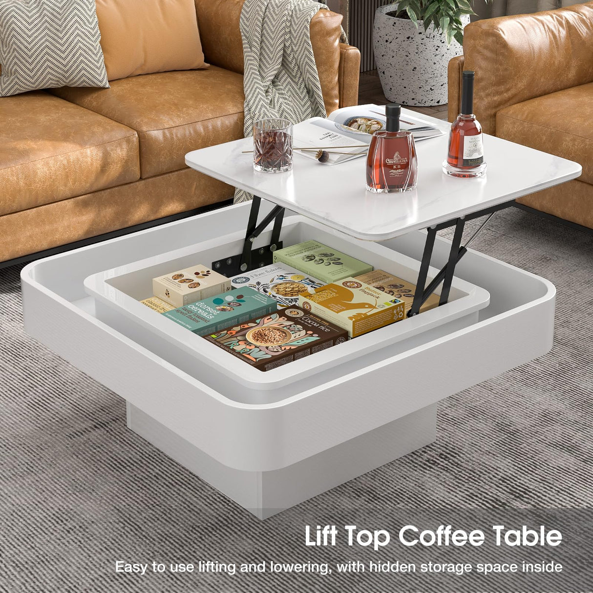 Modern LED Lift Top Coffee Table with Slate Desktop and 16 Colors LED Lights,