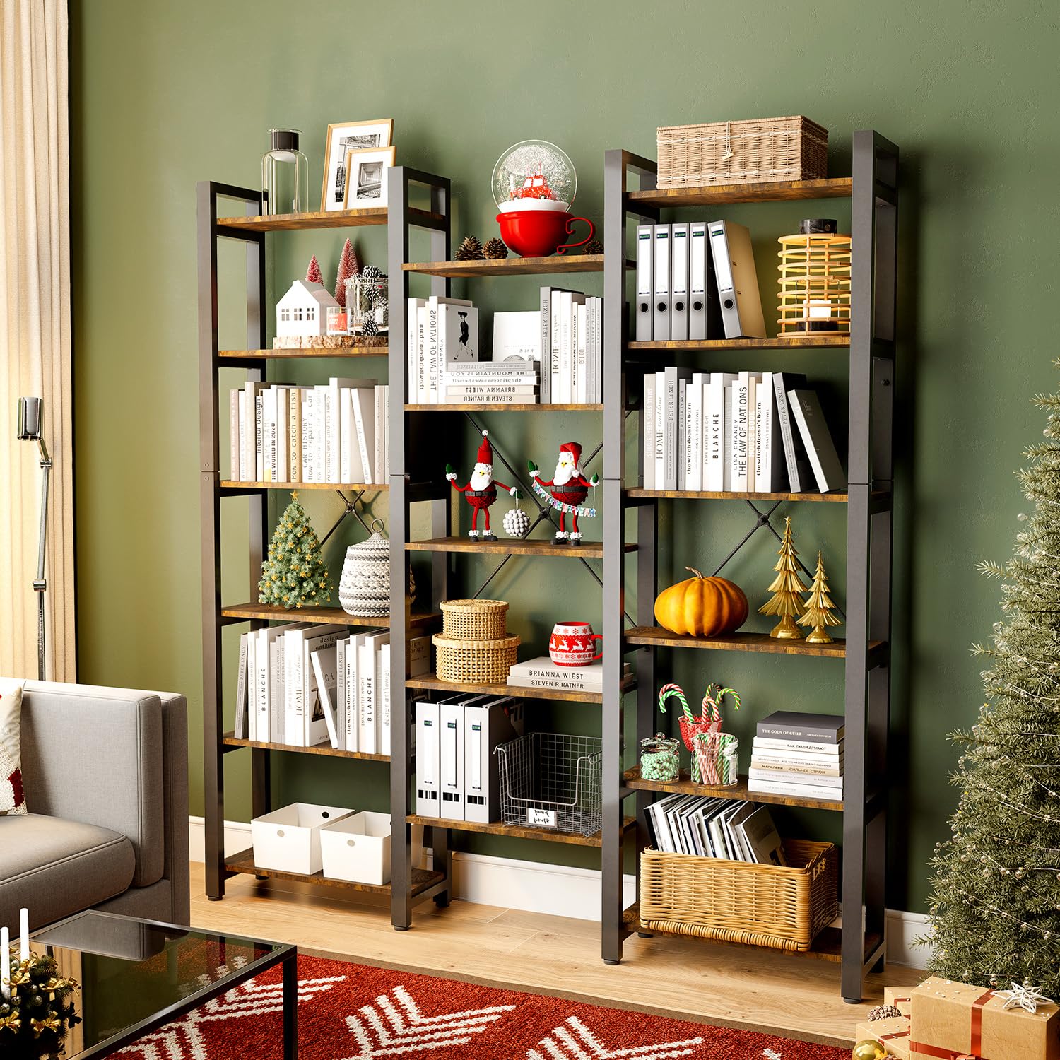 Triple Wide 6-Shelves Corner Bookcase Industrial Vintage Wood Style Large Open Bookshelves for Home & Office (Brown, 6-Tier)