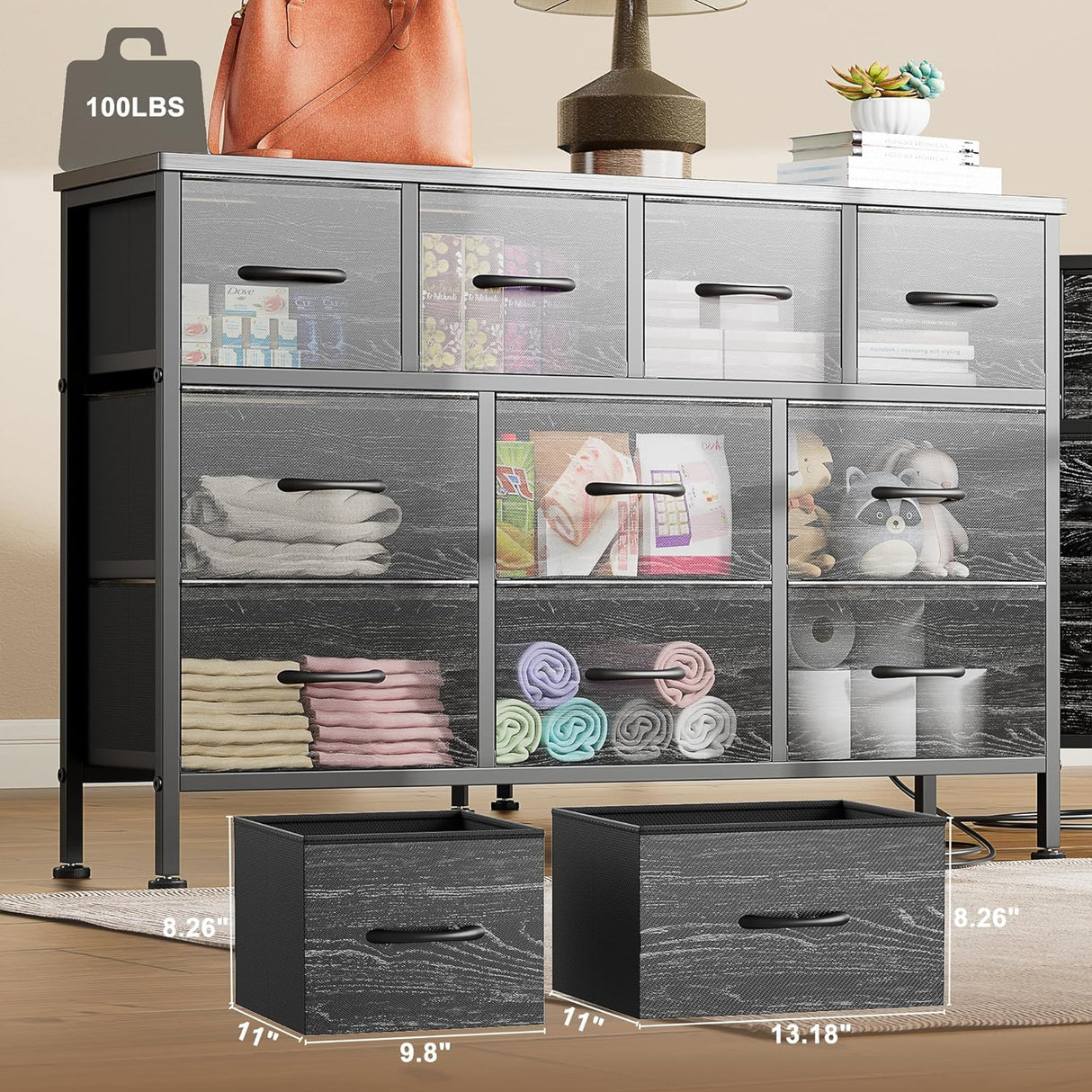 Black Dresser for Bedroom with Charging Station and 10 Drawers, Large Fabric Chest