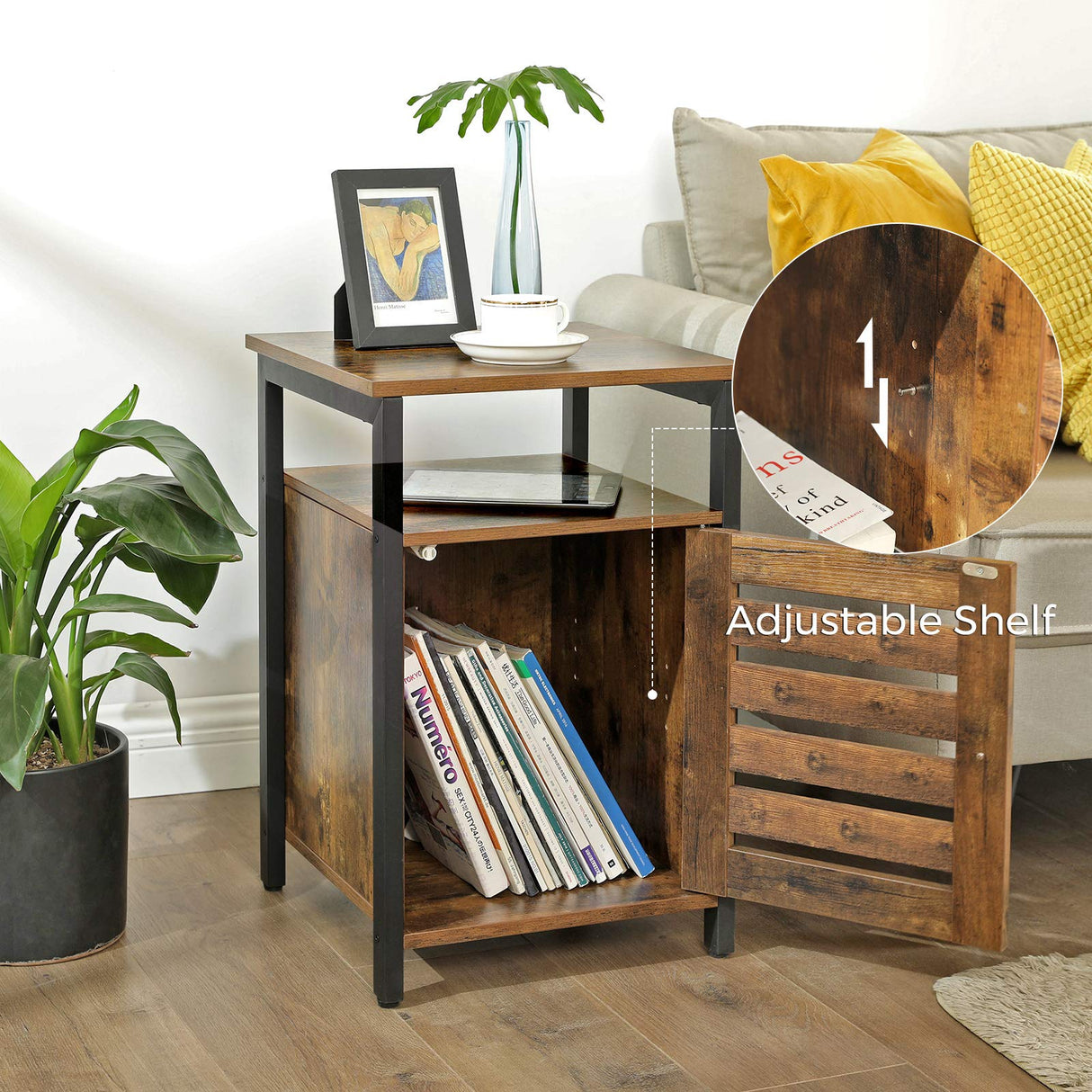 Nightstand, End Table with Open Shelf, Side Table, Inner Adjustable Shelf, Steel Frame