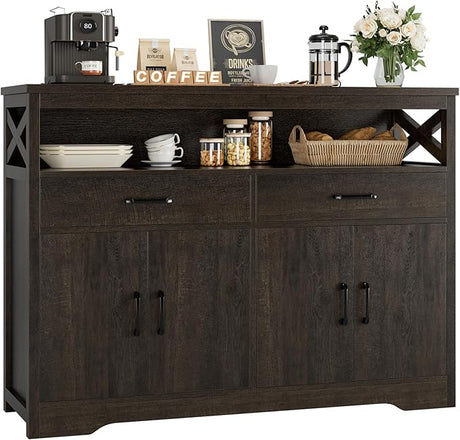 47" Modern Farmhouse Sideboard Buffet Cabinet, Wood Buffet Storage Cabinet with Drawers & Shelves, Large Coffee Bar Cabinet with Storage, Microwave Stand for Kitchen, Dining Room, White Brown