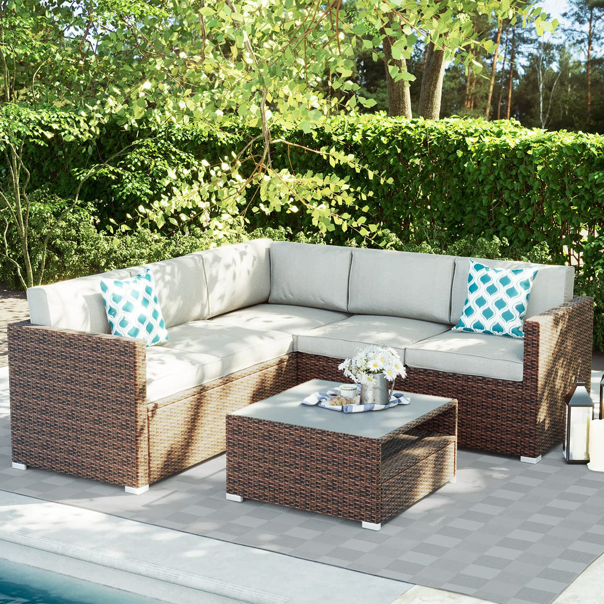 4-Piece Outdoor Sectional Sofa Patio Furniture Set w Grey Thick Cushions,Sofas