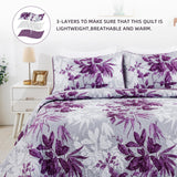 Floral Quilt Set Queen Size,3 Pieces Purple and White Summer Botanical