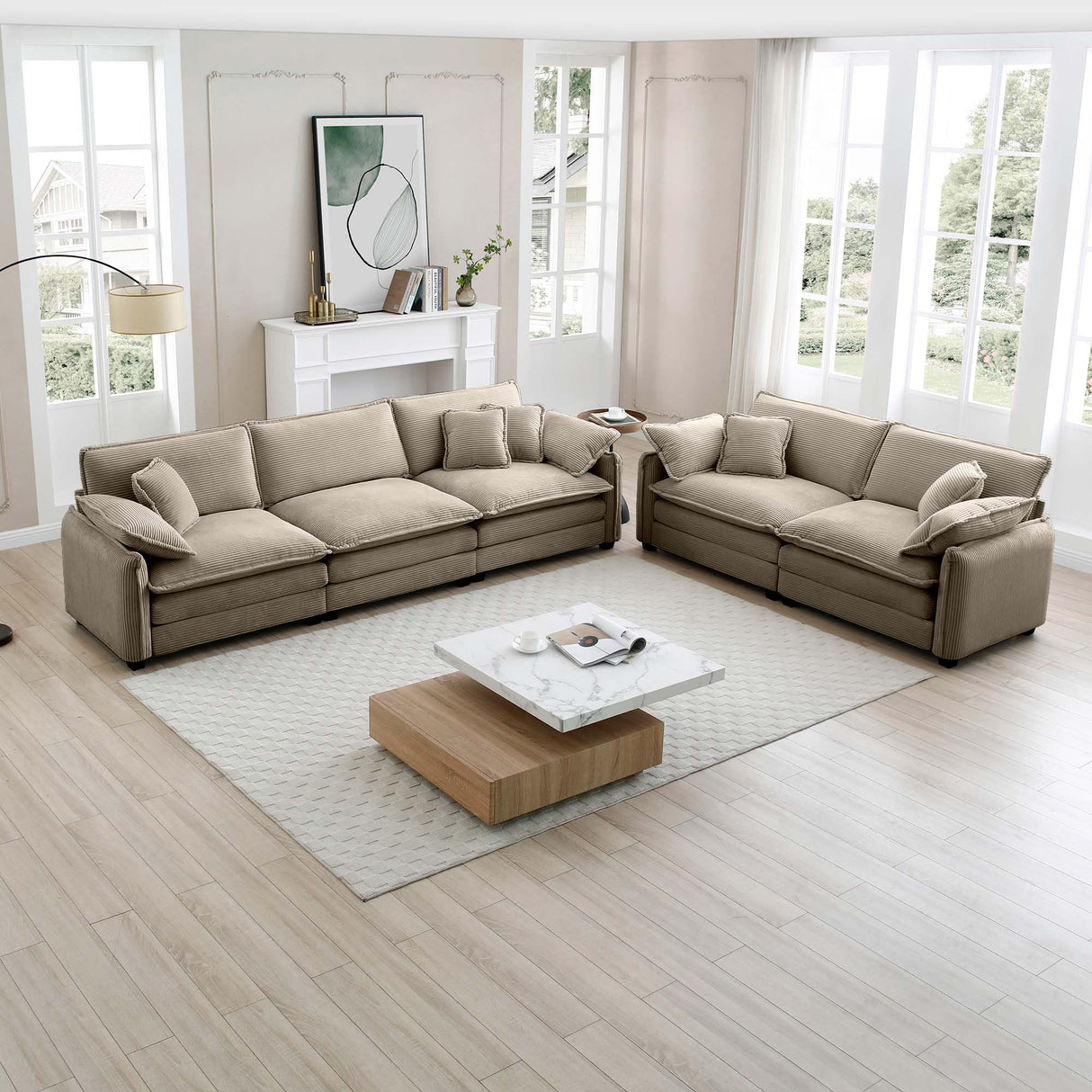 Comfortable Tan Corduroy Family Sofa Set, Deep Seat Design