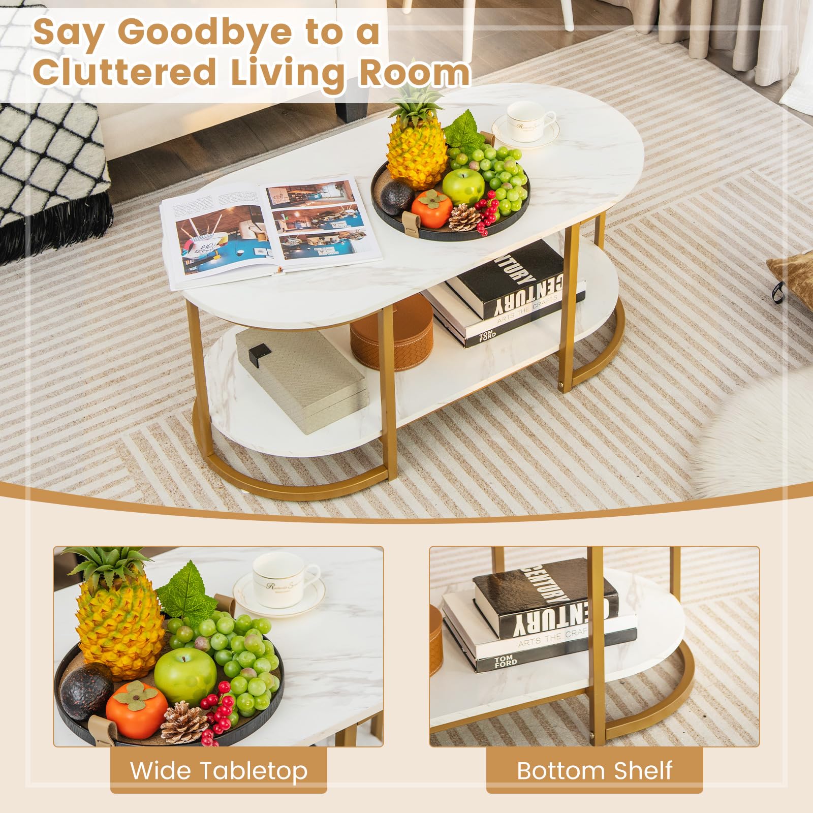 Modern Coffee Table 2 Tier, 39” Oval Coffee Table with Faux Marble