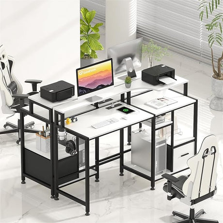 Computer Desk with Drawers, Home Office Desk with Printer Shelf, 55 inches Black Desk with Storage, Writing Study Desk with Monitor Stand, Small Work Desk for Bedroom, Black