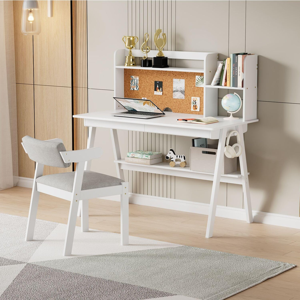 47.24" Solid Wood Kids Desk and Chair Set, White Desk Hutch with Cork Bulletin Board, Wood Writing Desk for Kids, Suitable for Study Room, Bedroom, White