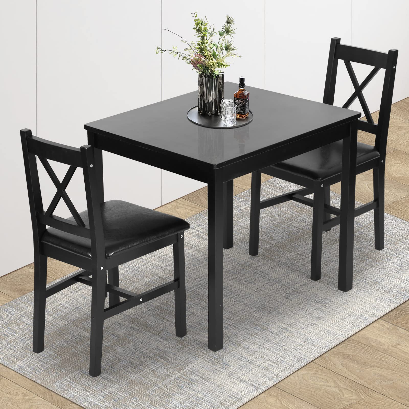 3-Piece Solid Pine Dining Table Set for 2 - Dark Brown