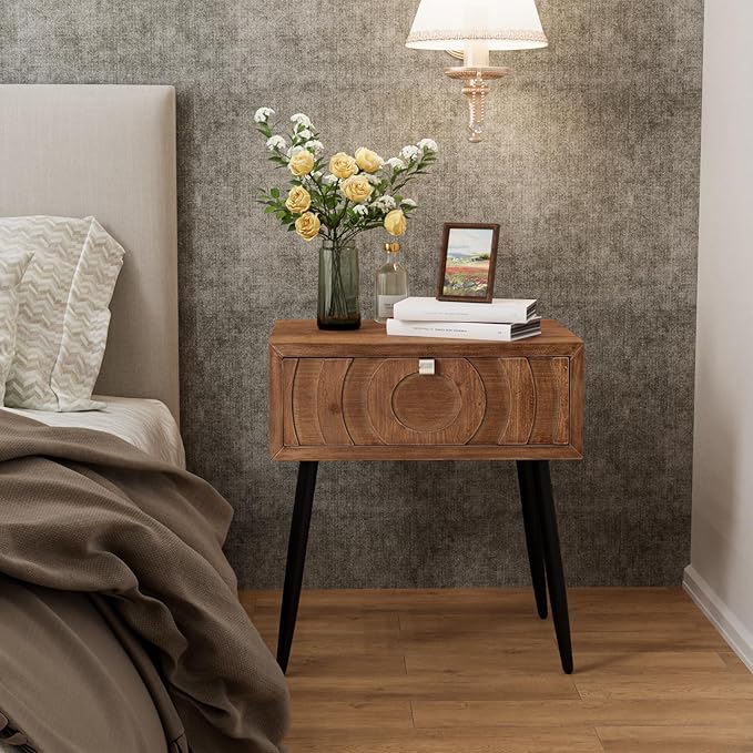 Rustic End Table with 2 Drawers, Vintage Wood Bedside Table