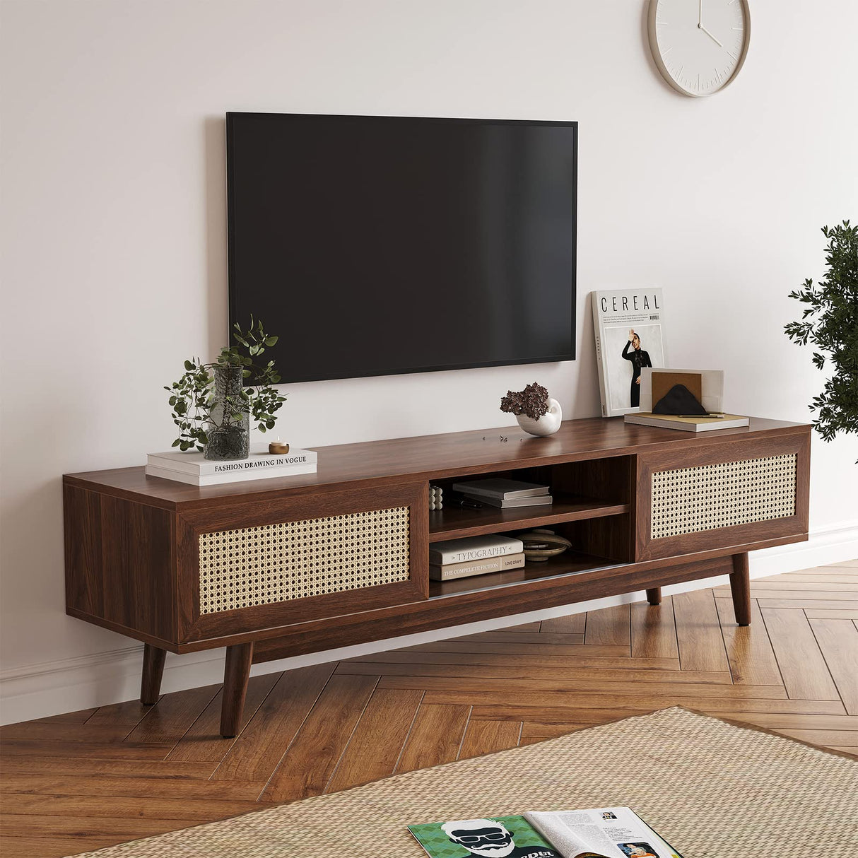 65'' Rattan TV Stand with Storage,Mid Century Modern TV Stand for Living Room