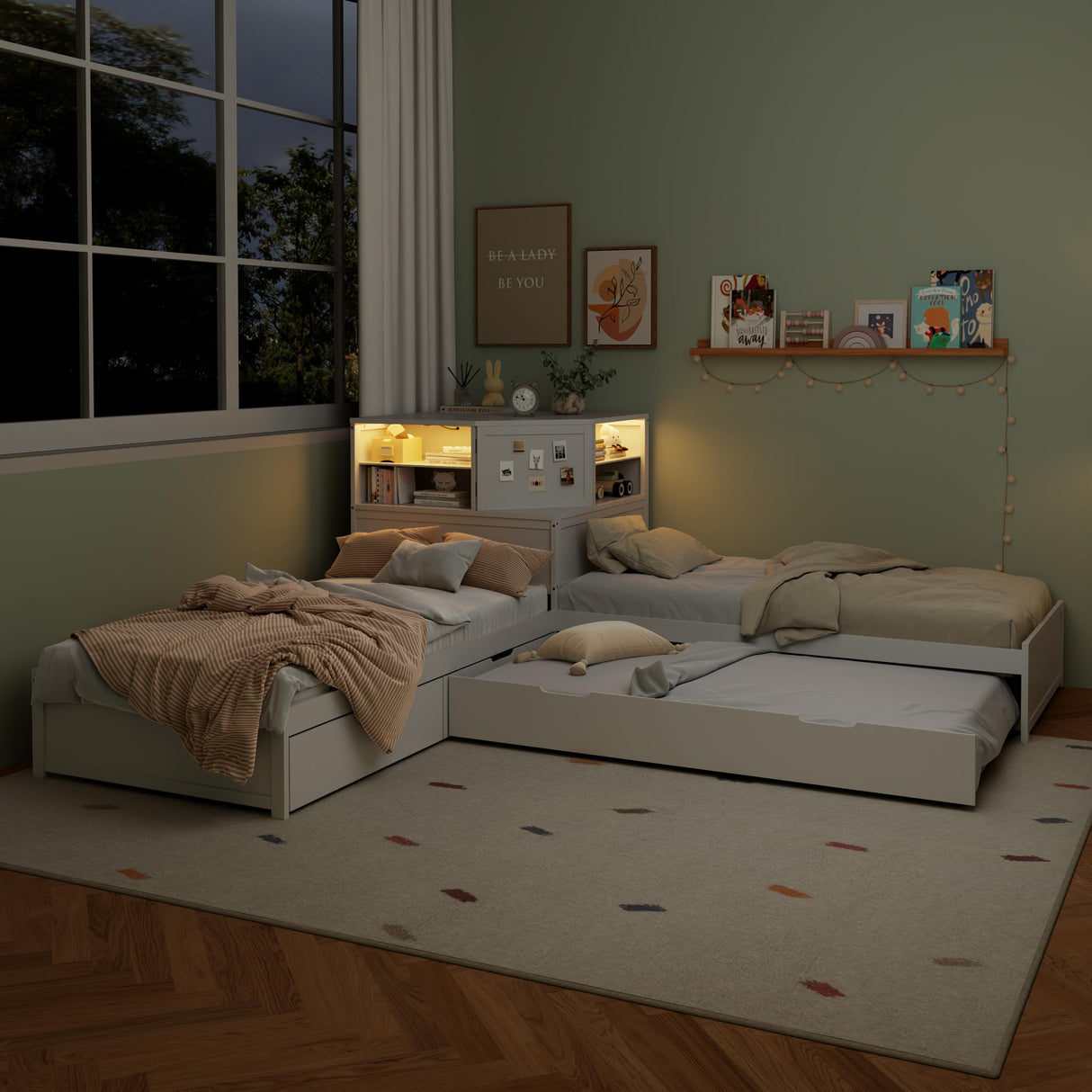 Bed with Trundle and Drawer,3-in-1 Low Corner Platform Bed Linked with Built-in Desk