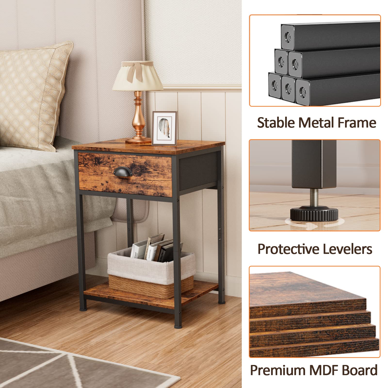 Nightstands Set of 2, Industrial End Table with Fabric Drawer and Storage Shelf