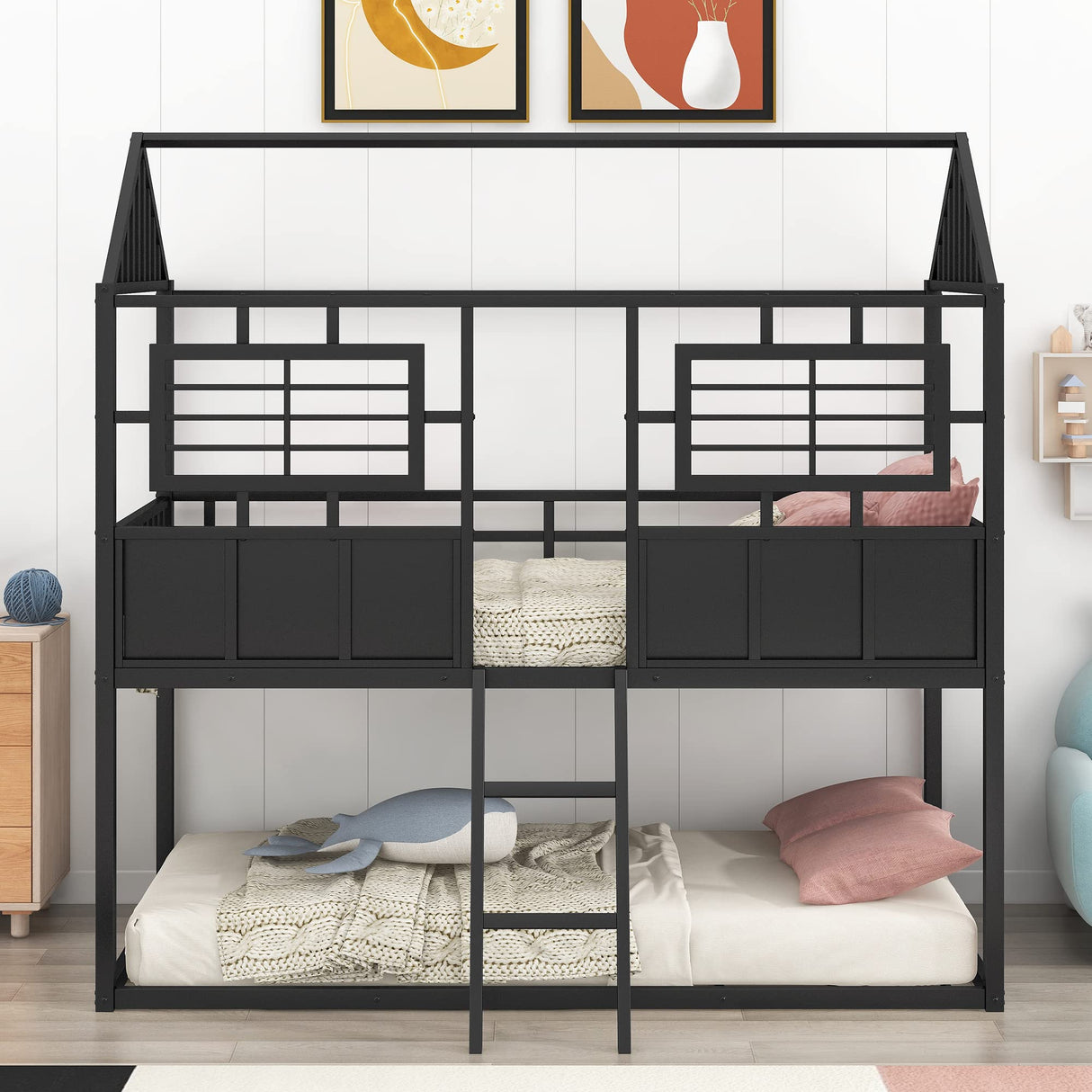 Twin Over Twin Size Metal Low Bunk House Bed with Roof, Two Front Windows