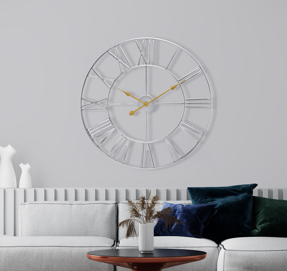Large Wall Clock for Living Room Decor, (40CM) 16 Inch Wall Clock Decorative, Metal Analog Roman Numeral Wall Clock Modern Wall Clocks - Large Clock Home Decor (Silver)