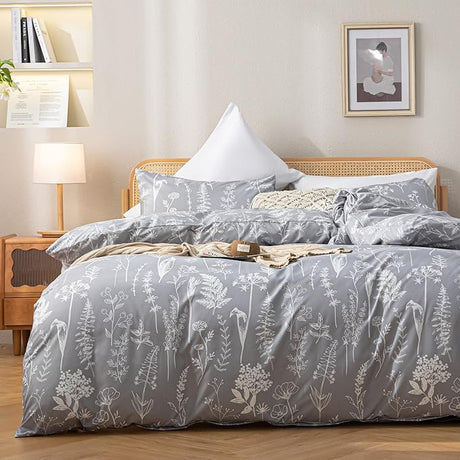 King Size Comforter Set - Floral King Comforter Set, King Size Comforter for All Seasons, 3 Pieces, 1 Comforter (90"x104") & 2 Pillow Cases (20"x36"), Gray