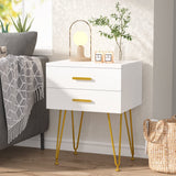 2-Drawer Nightstand Set of 2, White and Gold Bed Side Table with Metal Legs