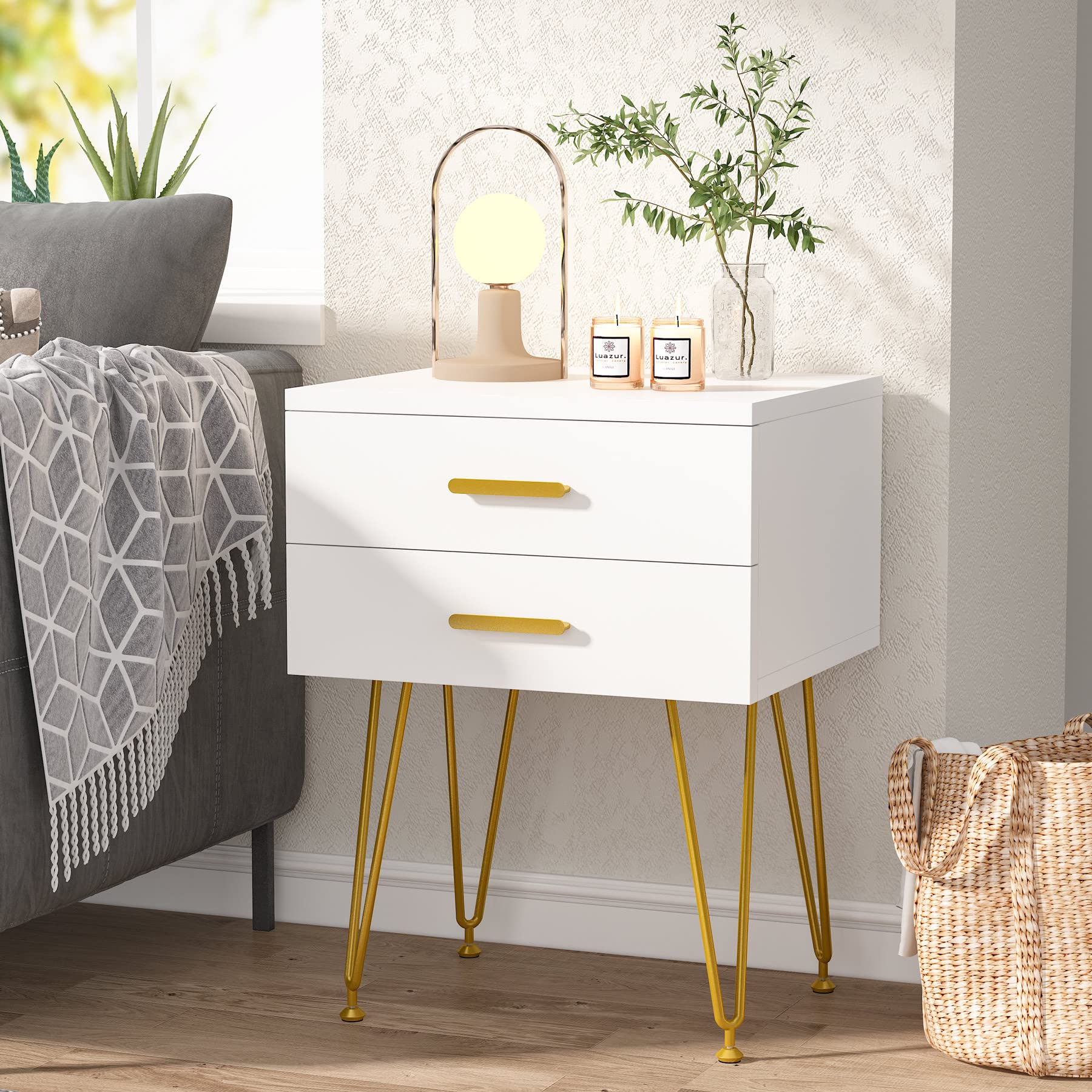 2-Drawer Nightstand Set of 2, White and Gold Bed Side Table with Metal Legs