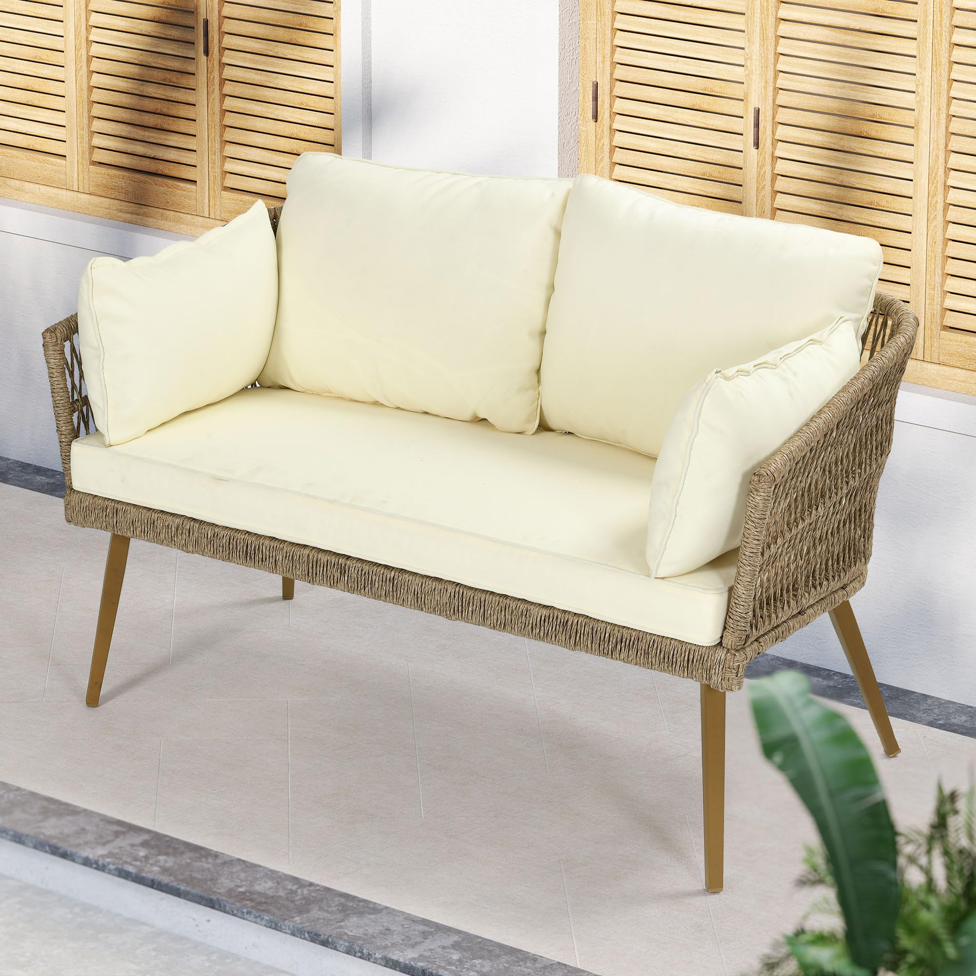 Patio Wicker Loveseat, All-Weather Rattan 2 Seater Sofa with Cushions & Lumbar Pillows