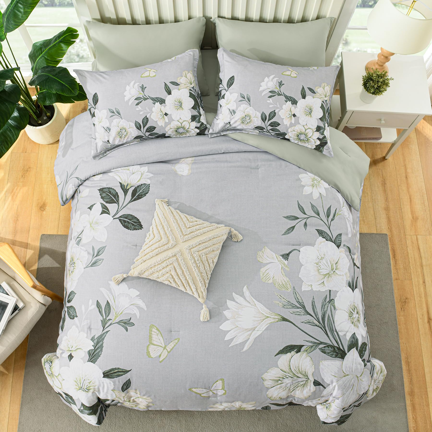7-Piece King Comforter Set - Sage Green Floral