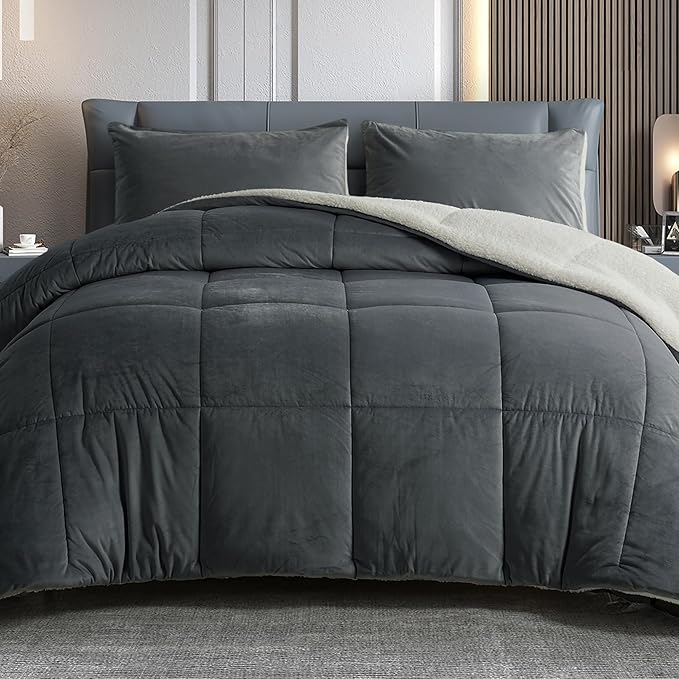Queen Comforter Set Micromink Sherpa Comforter 3 Piece Ultra Soft Plush Down Alternative Bedding
