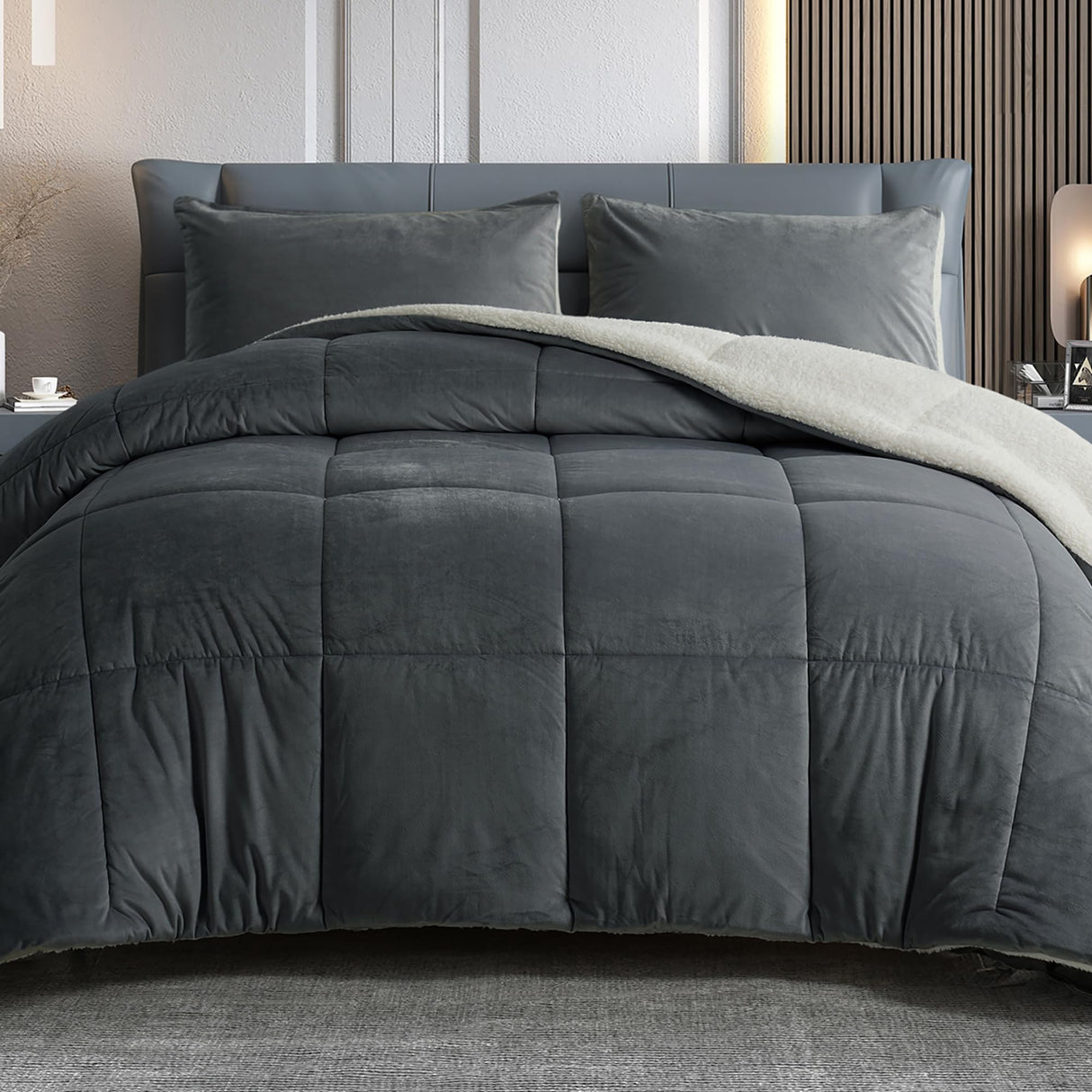 Queen Comforter Set Micromink Sherpa Comforter 3 Piece Ultra Soft Plush Down Alternative Bedding