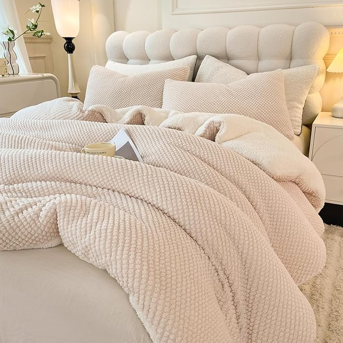 3D Jacquard Design Comforter Set, Ultra-Soft Warm Queen Size Sherpa Fur Plush 3-Pieces Sets