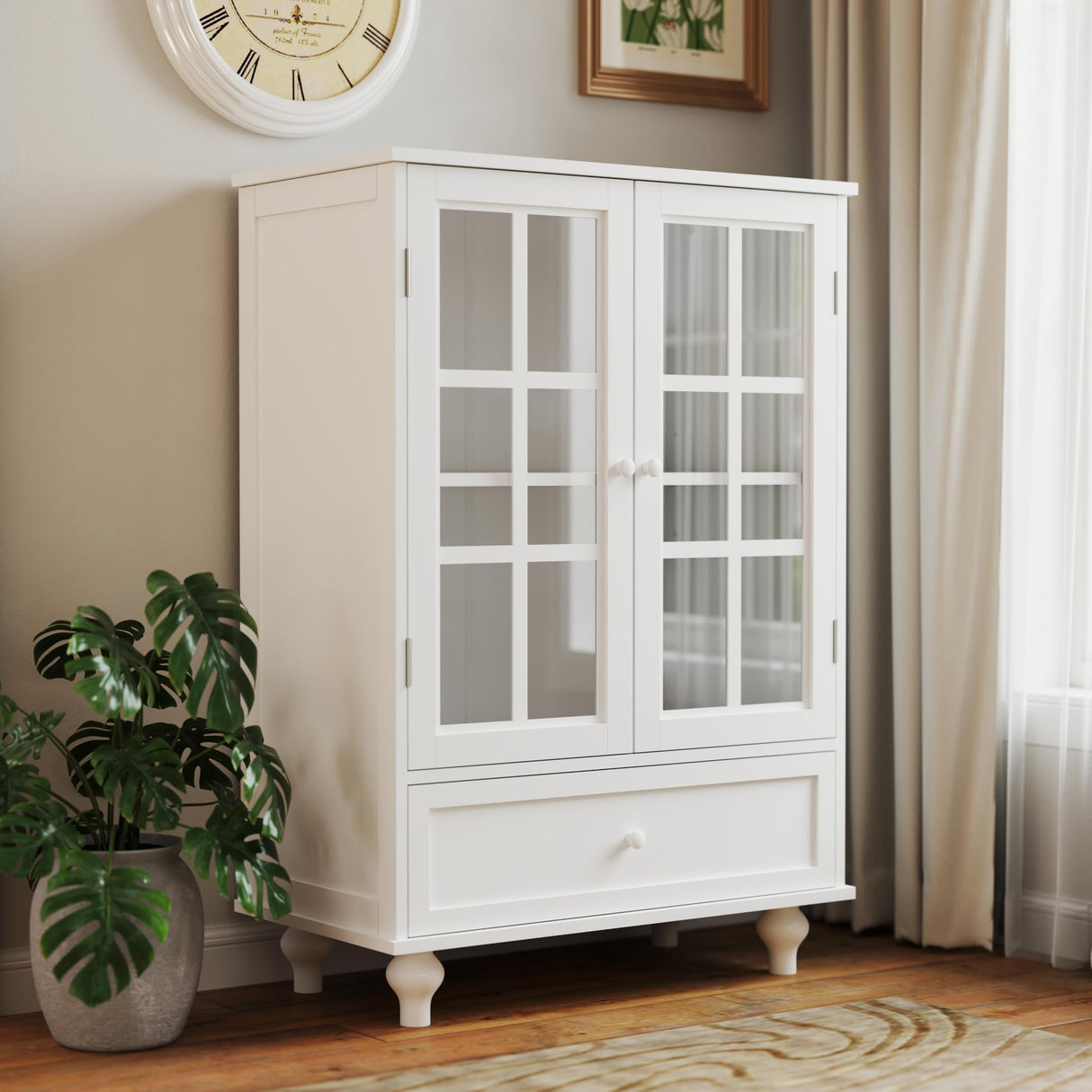 White Buffet Cabinet with Glass Doors and Drawers, Modern Wooden Buffet