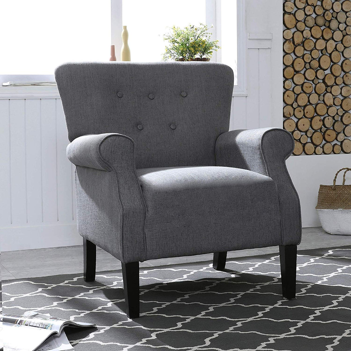 Modern Classic Accent Fabric Arm Chair, Linen Upholstered Single Sofa with Solid Wood Legs for Living Room, Bedroom, Club, 29.3"x28.7"x39.6", Dark Grey