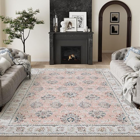 Rug 9x12 Washable Living Room Rug - Taupe Floral Print Vintage Large Rug Indoor