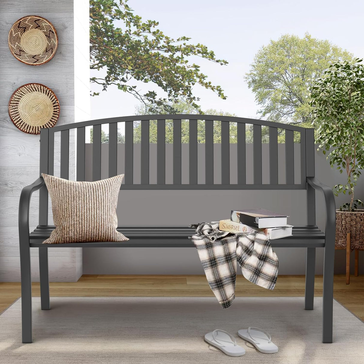 On Shine 50'' Outdoor Bench Weatherproof, Cast Iron All Metal Frame Garden Bench