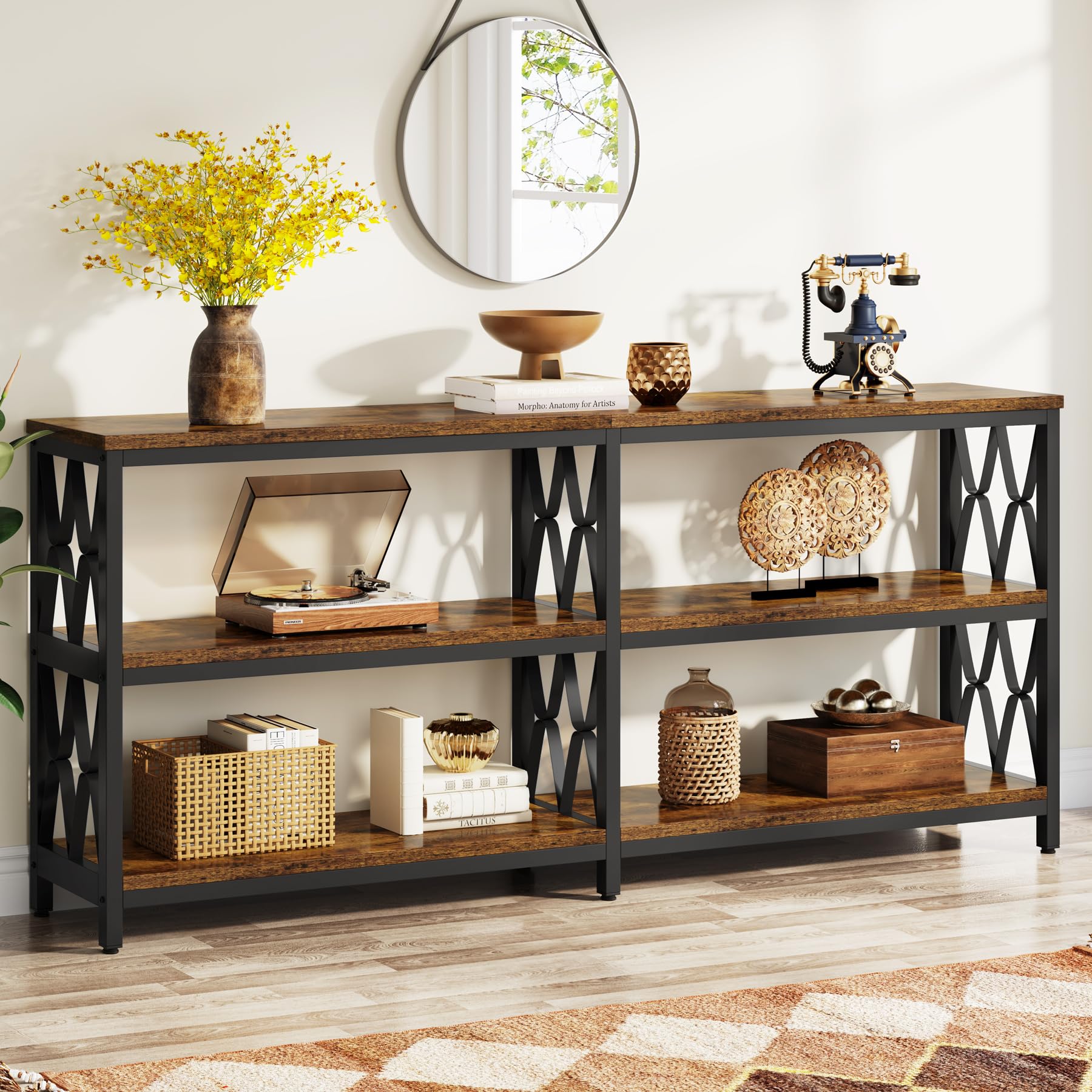 70.9" Long Console Table with Storage Shelves, Industrial 3-Tier Sofa Table for Living Room