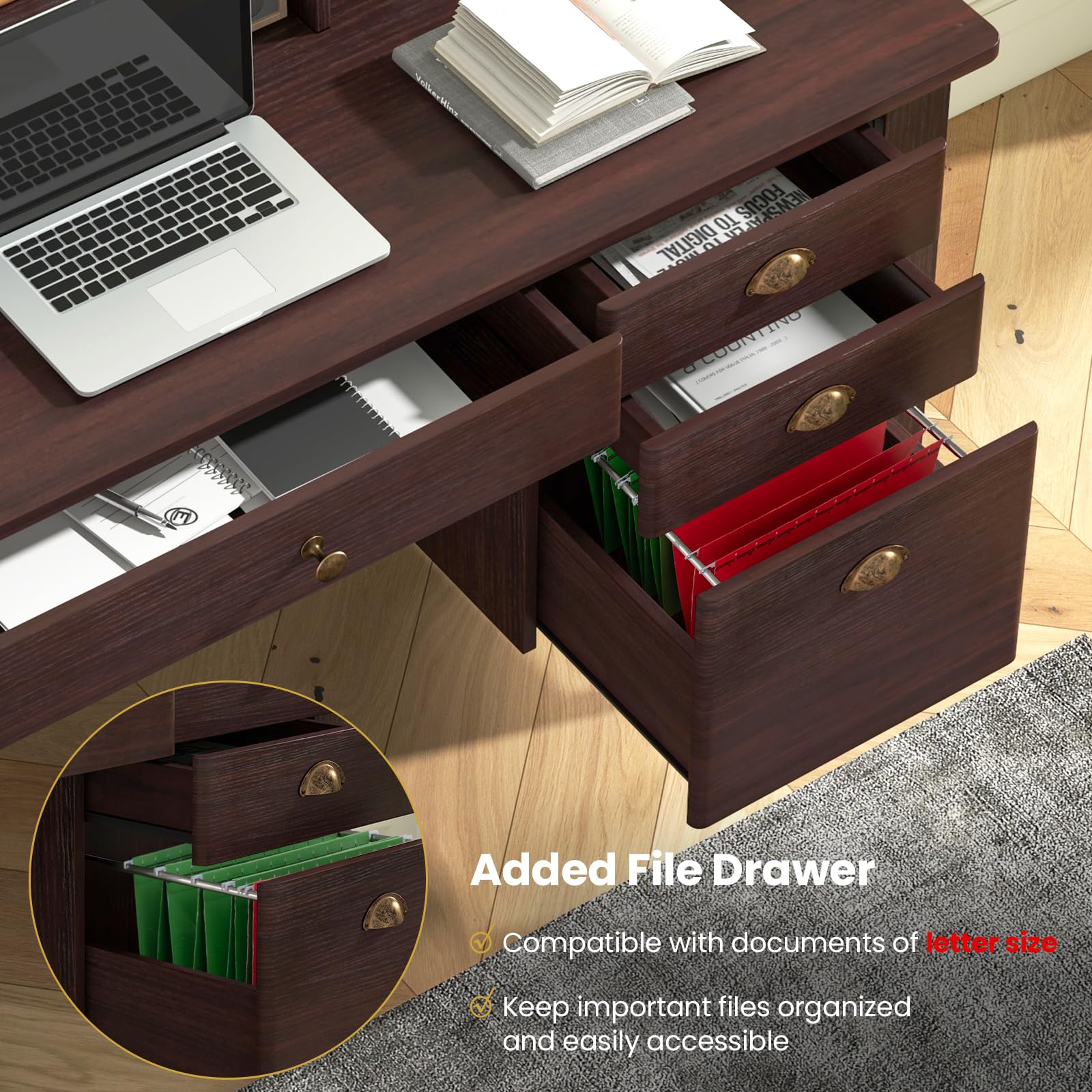 Computer Desk with 4 Storage Drawers & Hutch, Home Office Desk Vintage Desk