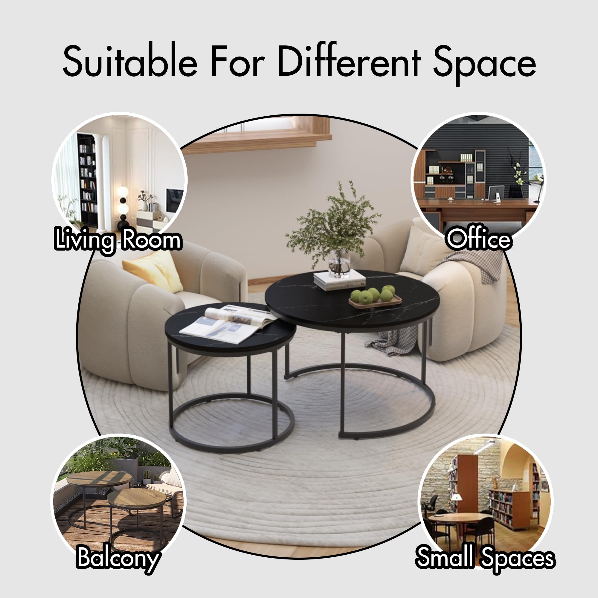 Coffee Table Set of 2, Round Coffee Table with Wood Top, Small Coffee Tables for Living