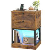 Rustic Nightstand with Charging Station and LED Lights, Brown Night Stand with Charger Station, 2 Storage Drawers and Open Storage Shelf, Modern Bedside Table for Bedroom, Dorm