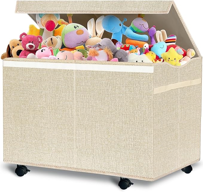 Large Kids Toy Box Storage Chest with 360°Wheels,Toy box with Lid for Boys, Girls,Collapsible