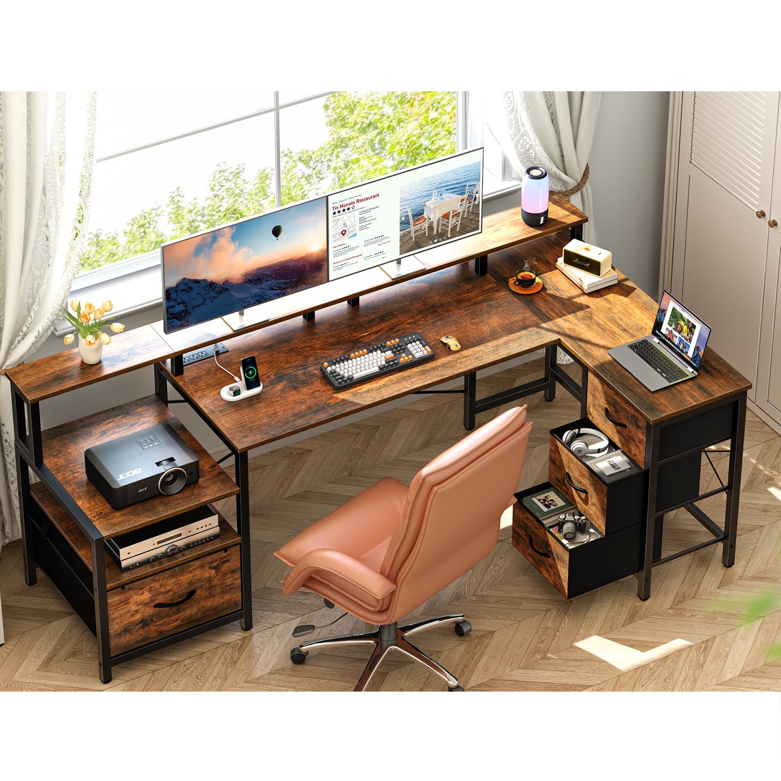 L Shaped Desk with Drawers, LED Computer Desk with Power Outlets, 75" Reversible
