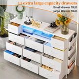 White Dresser with Power Outlets and LED Lights 11 Drawers with Side Pocket for Bedroom,