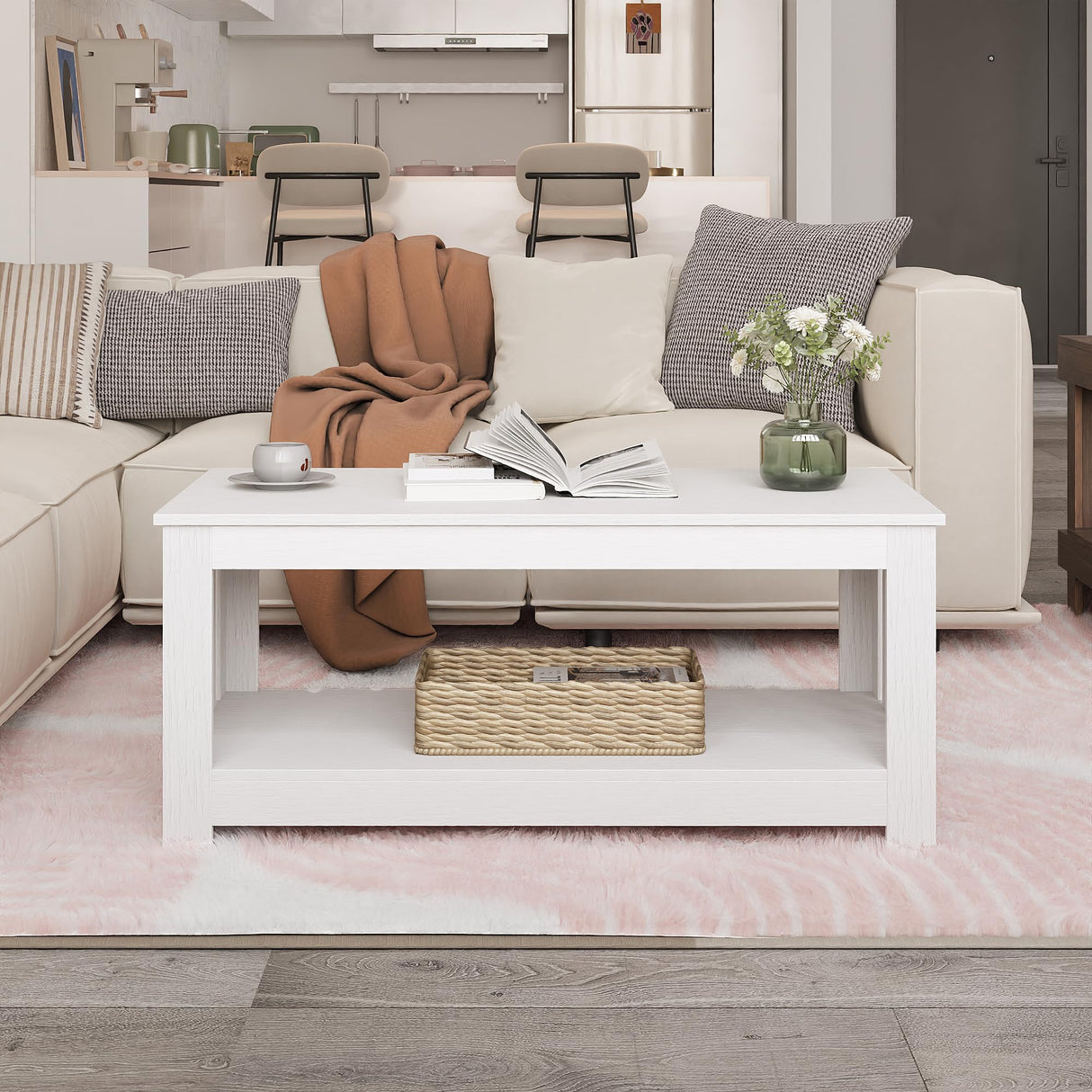 Wooden One Style Fits All Coffee Table - White Coffee Table, 2-Tier Rectangular Console