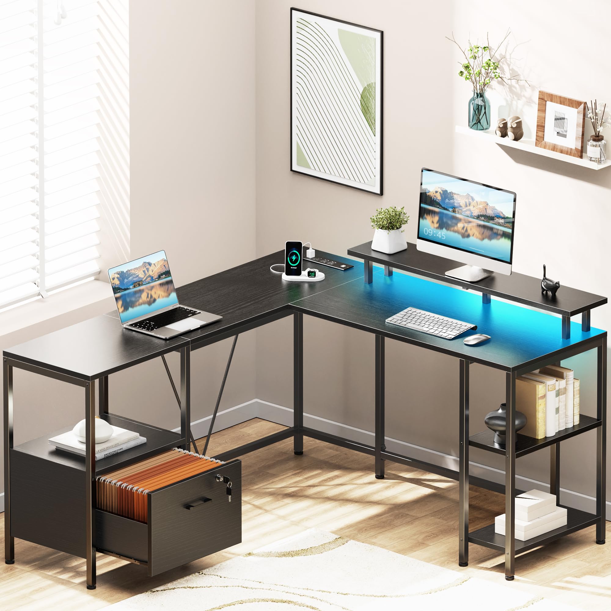 L Shaped Computer Desk with Power Outlets & LED Lights, Reversible Computer