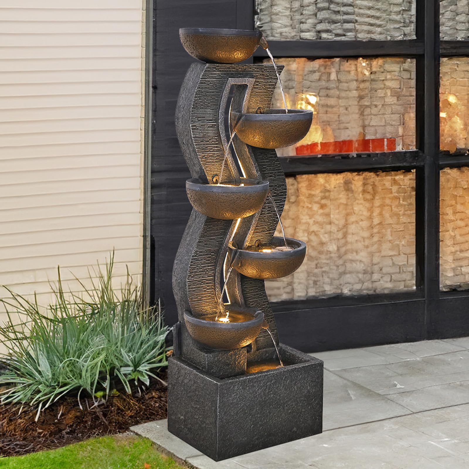 6-Tiered Garden Fountains Outdoor 52.8''H Waterfalls with Lights