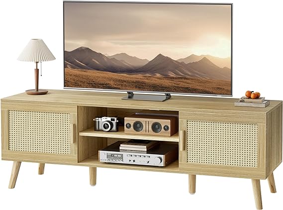 Boho TV Stand for 55 Inch TV, Entertainment Center with Adjustable Shelf, Rattan TV Console