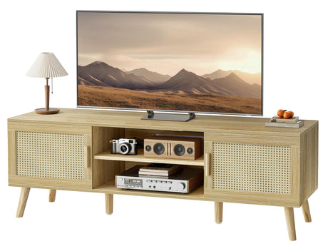 Boho TV Stand for 55 Inch TV, Entertainment Center with Adjustable Shelf, Rattan TV Console