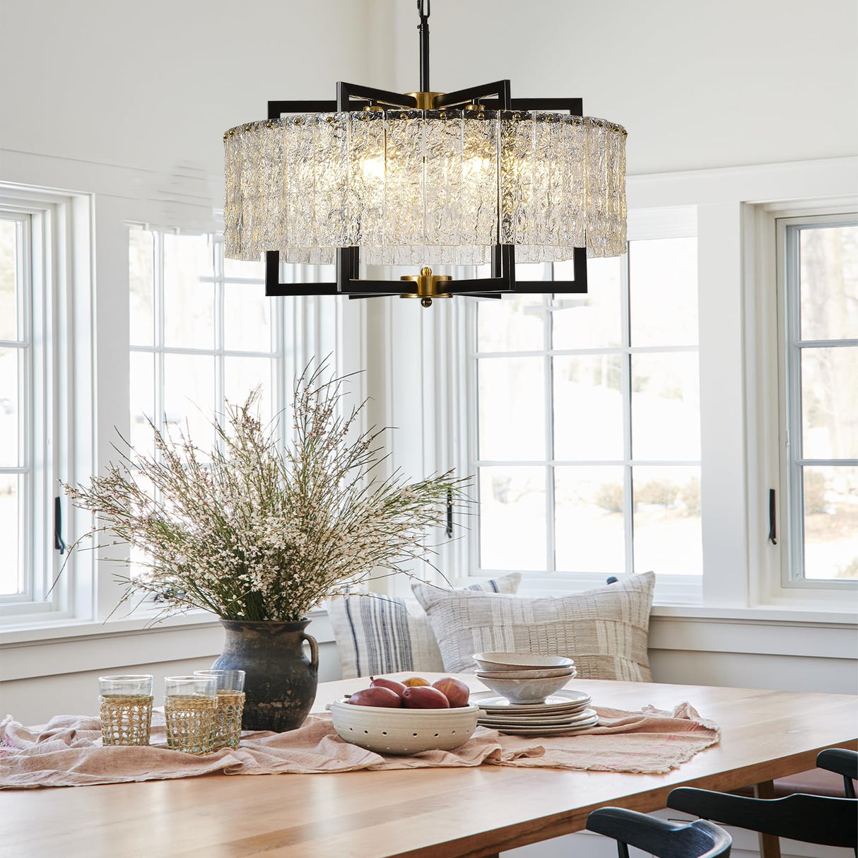 Crystal Drum Chandelier 6 Lights 23.6 inch, Modern Farmhouse Black Lighting Fixture