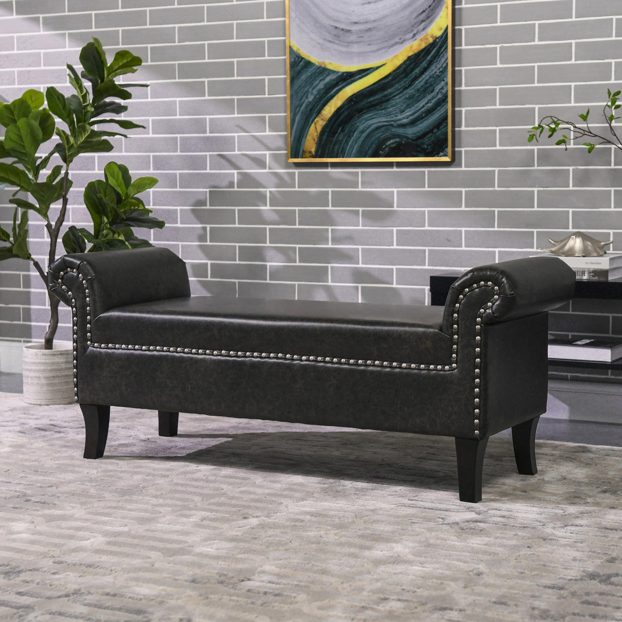 Jennifer Taylor Home Kathy Roll Arm Entryway Accent Bench, Vintage Black Brown Faux Leather
