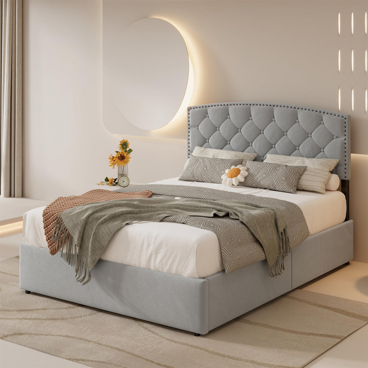 Plush Velvet Upholstered Platform Bed Frame with 2 Big Drawers Trundle for Kids Teens