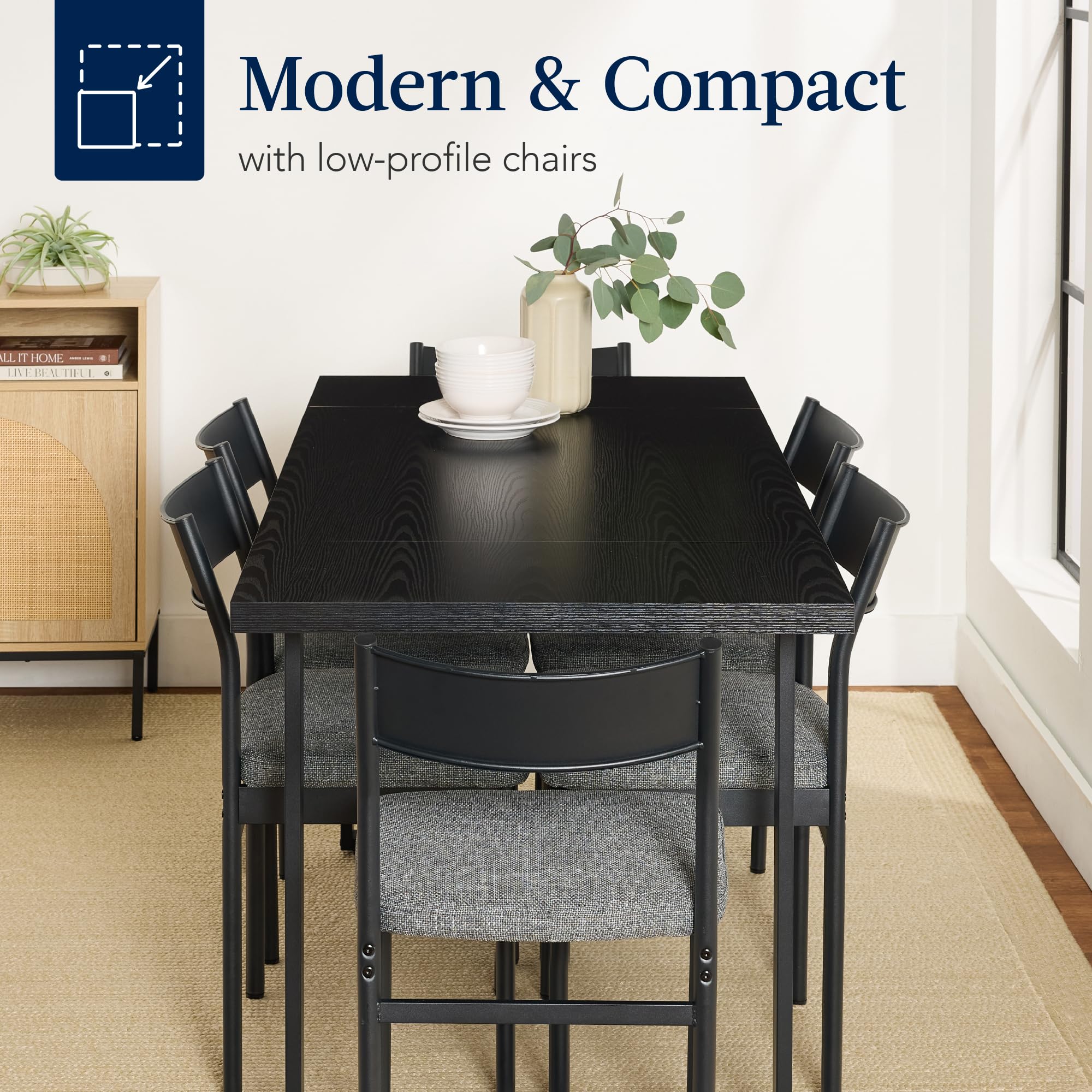 7-Piece Modern Dining Set - Metal Table & 6 Upholstered Chairs