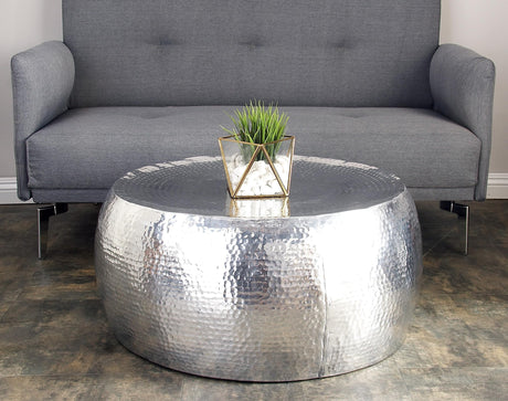 Aluminum Metal Living Room Coffee Table Drum Shaped Table with Hammered Design