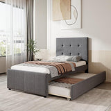 Upholstered Platform Bed, Linen Bed with Headboard and Trundle, Full, Grey